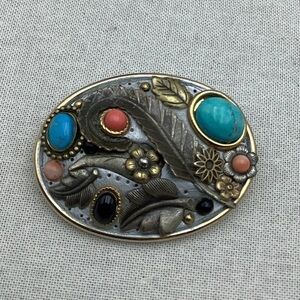 Michel Golan unique turquoise Onyx and Coral brooch